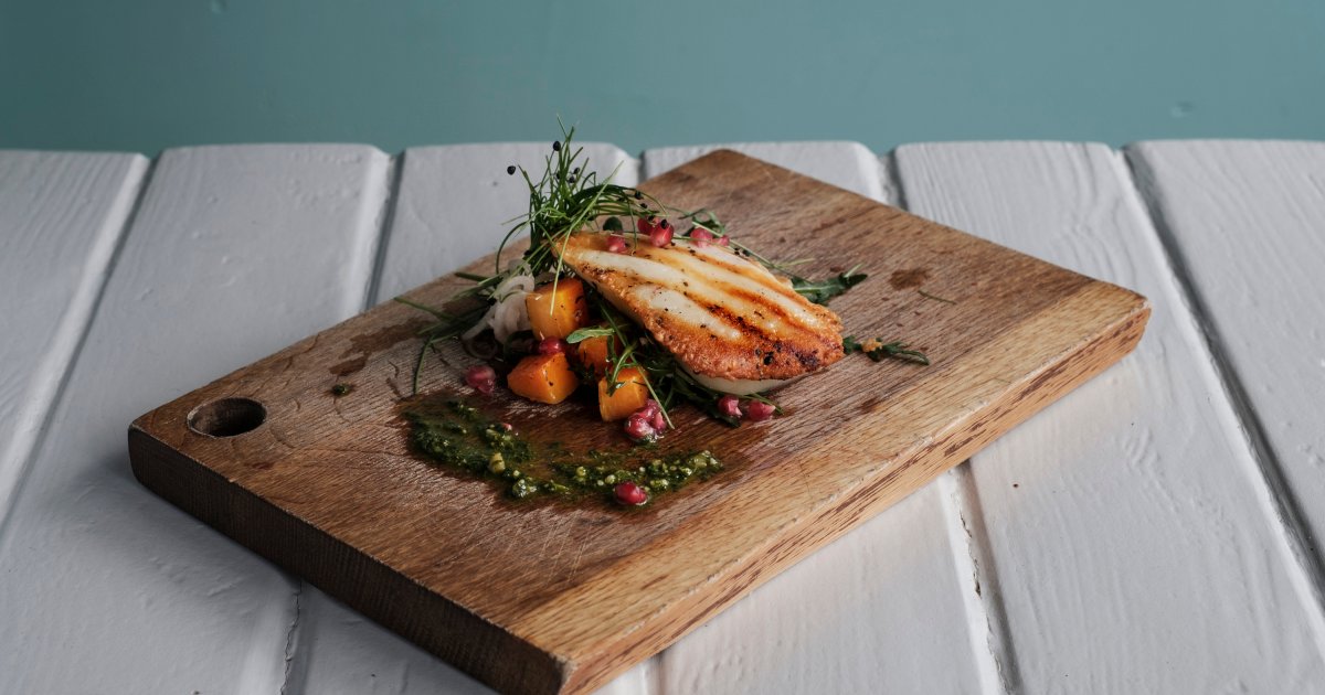 Grilled Snøfrisk with roasted butternut squash, pickled shallots and pomegranate